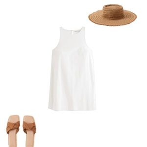 White High-Neck Linen-Blend Mini Dress
